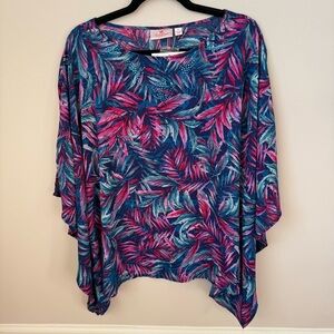 Quacker Factory Palm Printed Caftan Top Rhinestones Batwing Sleeves Blue Pink L